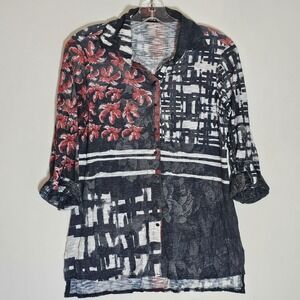 David Cline Shirt Womens XS Black White Red Merlot Roll Tab Floral Abstract USA